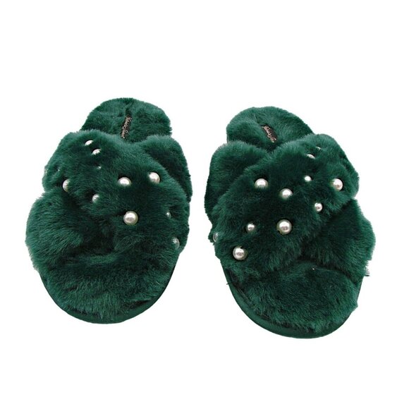 Victoria's Secret Green Slippers Womens Small Faux Fur Slides Pearl Accents Soft - Picture 2 of 9